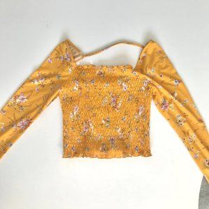 Yellow Floral Smocked Ruffle-Trimmed Shirred Top